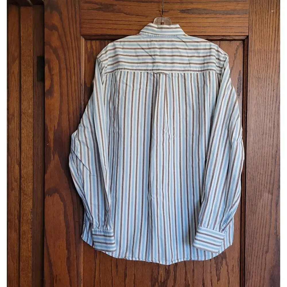 TOMMY BAHAMA Shirt Mens Large Jeans Island Modern Fit Blue Brown Striped Cotton - Picture 2 of 15